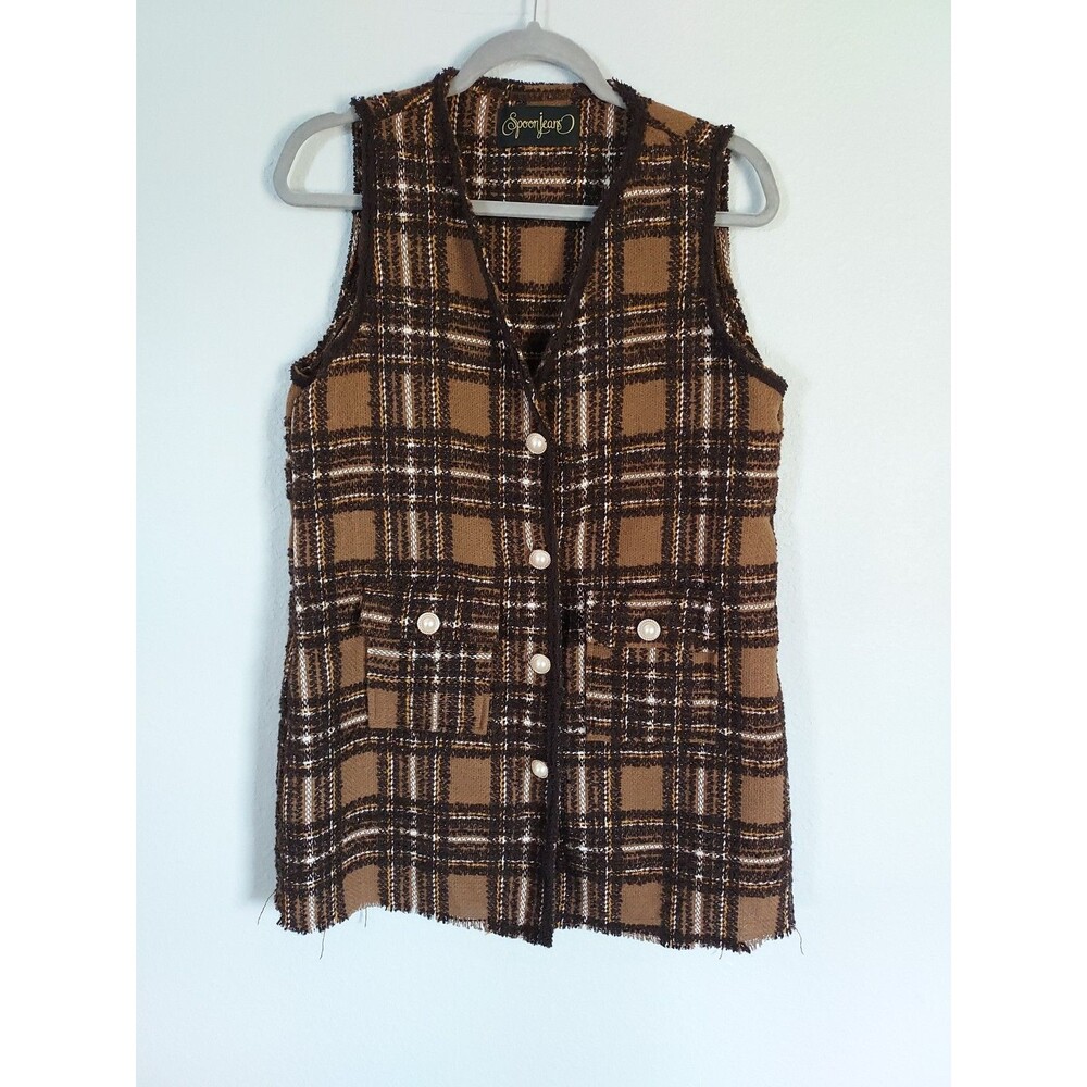 Spoon Jeans Brown Plaid Pearl Button Vest Raw Hem Women’s Size L